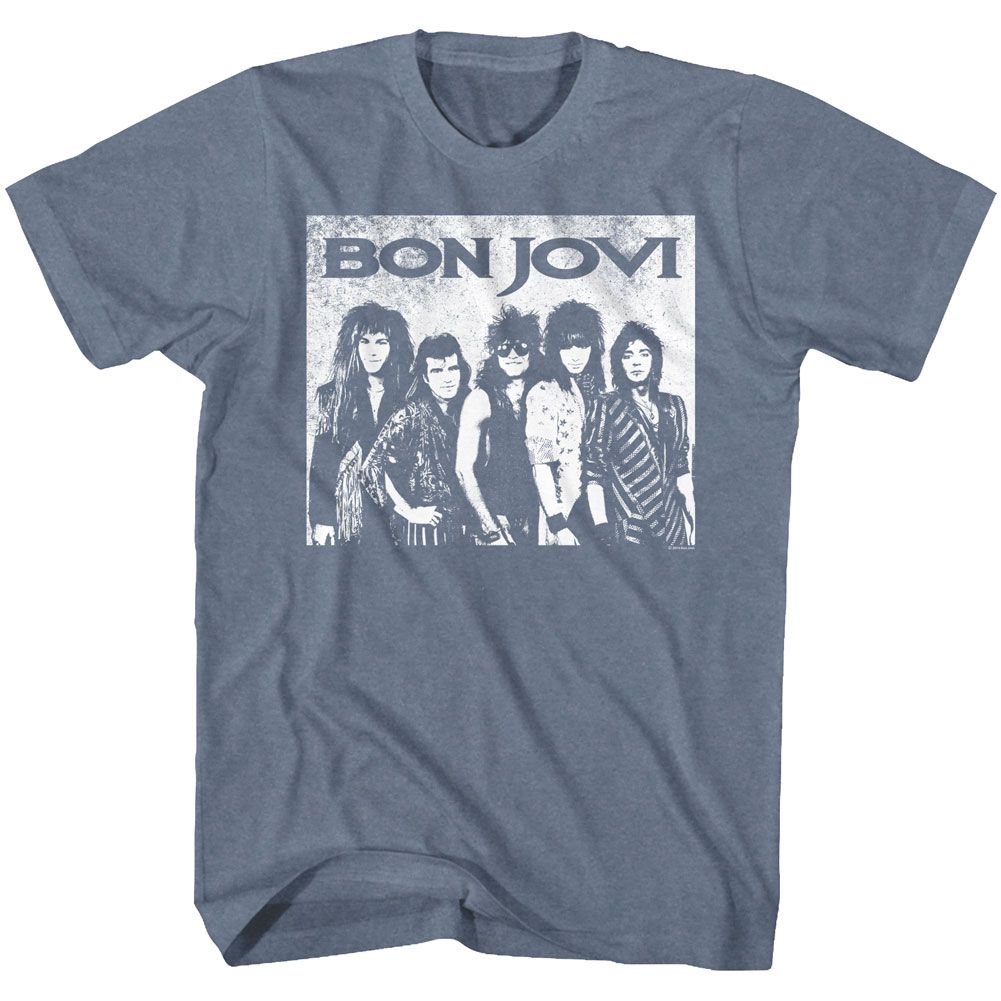 Bon Jovi Distressed Group Photo Indigo Heather T-shirt | eBay